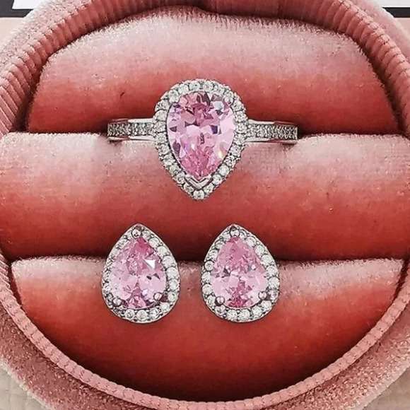 Pink Sapphire Diamond Pear Cut Ring & Earring Set - Picture 5 of 5